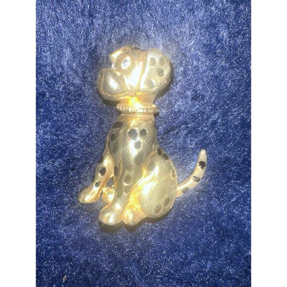 Dalmation Brooch Pin Black Enamel Spots Gold Plated & Silver Collar Crystal Eyes - Picture 3 of 4